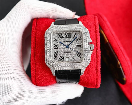 Cartier Santos De Iced Out w/ Leather Band